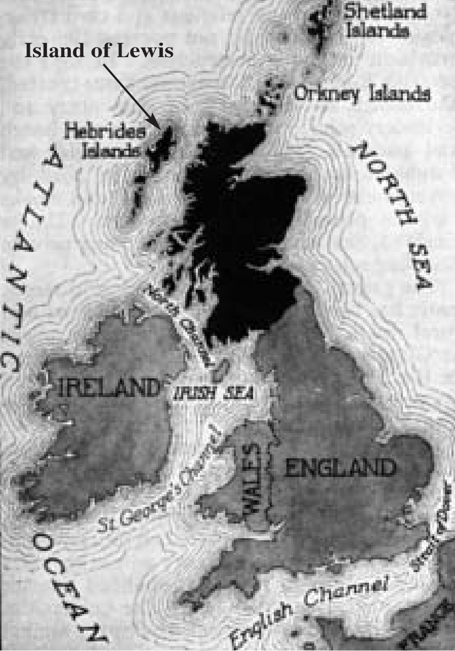 A map of Britain and Ireland with an arrow identifying the Island of Lewis.