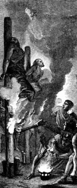 Historical illustration of people tied to stakes amid flames and smoke.