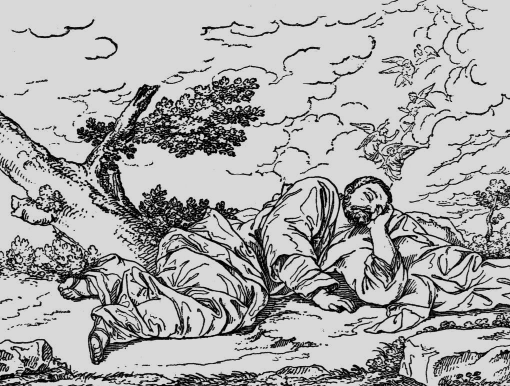A robed man reclines beneath a tree with his head resting on one hand.