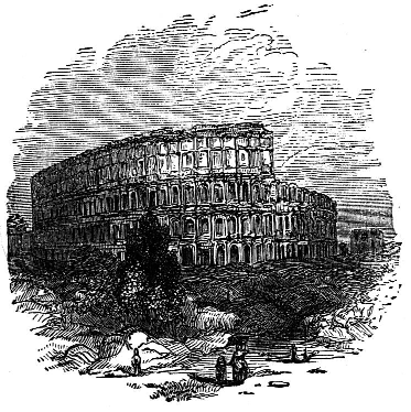 Engraving of a ruined Roman amphitheatre