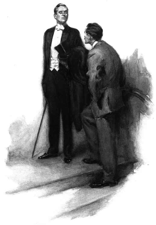 An illustration of two men standing and speaking