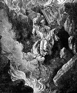 An engraving showing figures in a wooded scene