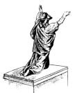 A robed figure standing with raised arms.