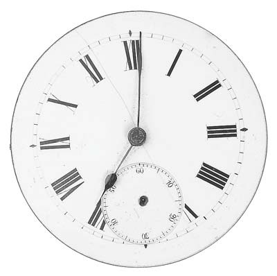 An antique clock face with Roman numerals and a small seconds dial