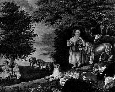 People and animals in a peaceful pastoral scene