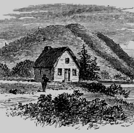 A cottage and a standing figure with hills behind them