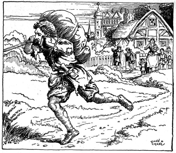 A man carrying a burden and holding a book, with a village behind him