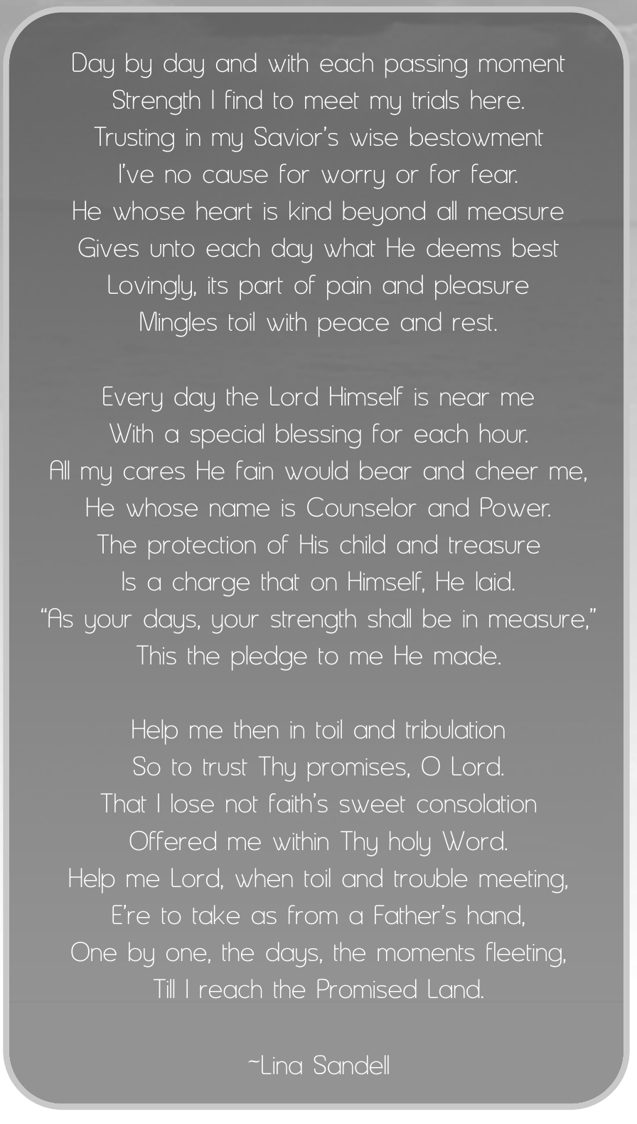 The printed three-stanza Day by Day hymn in a gray panel, credited to Lina Sandell.