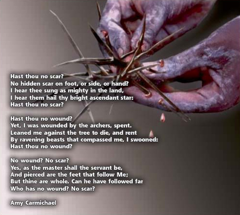 Hands holding a crown of thorns above the printed poem.