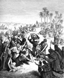 Engraving of a crowd receiving food outdoors