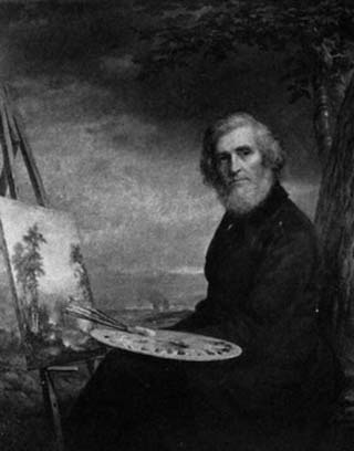 A seated painter holding a palette beside an easel
