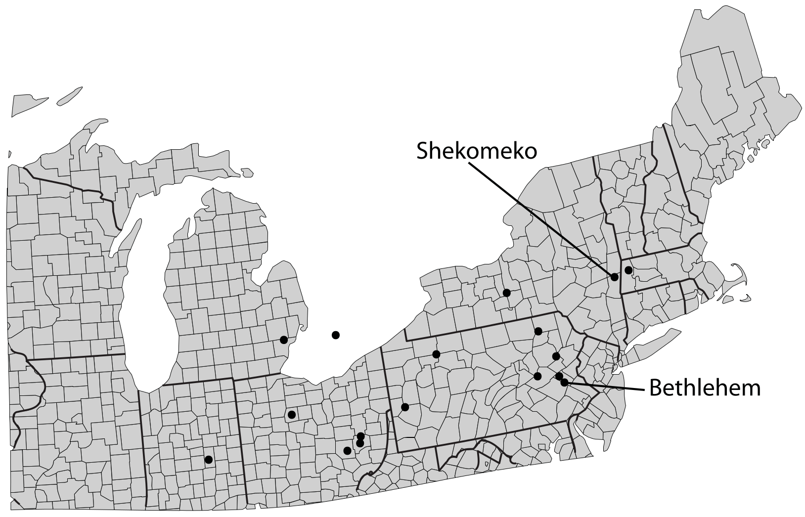Map showing locations of Moravian Indian missions, including Shekomeko and Bethlehem