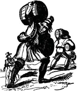 Black-and-white illustration of rum traders carrying barrels