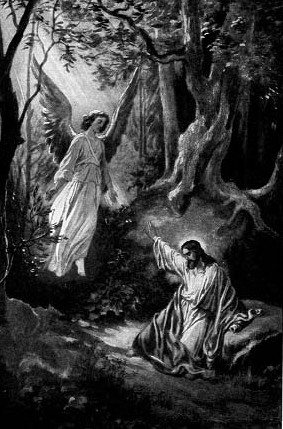 A kneeling man and a standing angel in a wooded setting