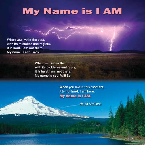 A lightning storm and a mountain above a lake accompany the printed poem My Name is I AM.