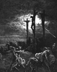 An illustration of three crosses and a crowd at the crucifixion.