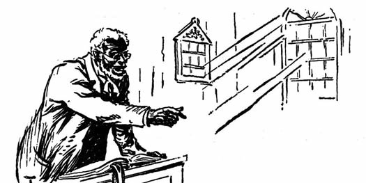 Black-and-white illustration of a man preaching from a pulpit