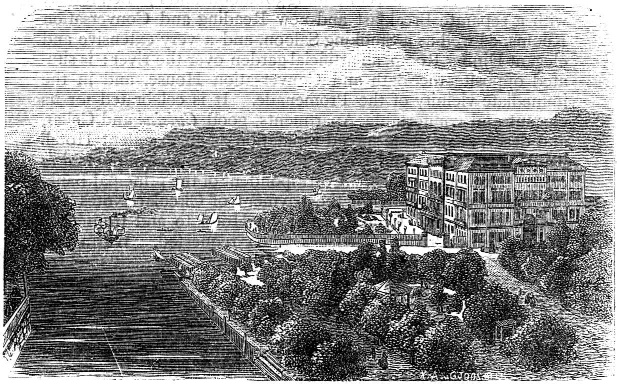 Historical engraving of a town beside a lake