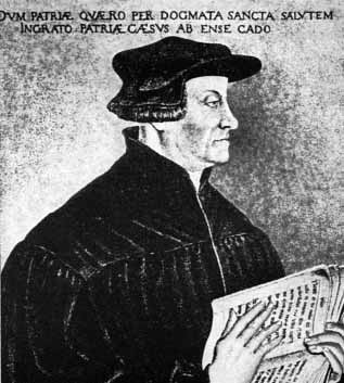 Historical portrait of Zwingli holding a book
