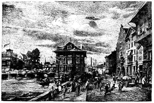 Historical engraving of people gathered on a town street