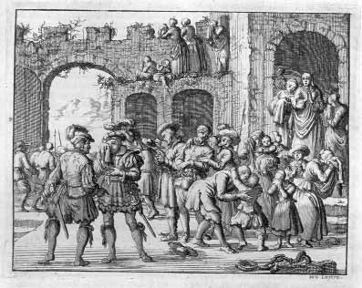 Historical engraving of a crowd gathered before a building