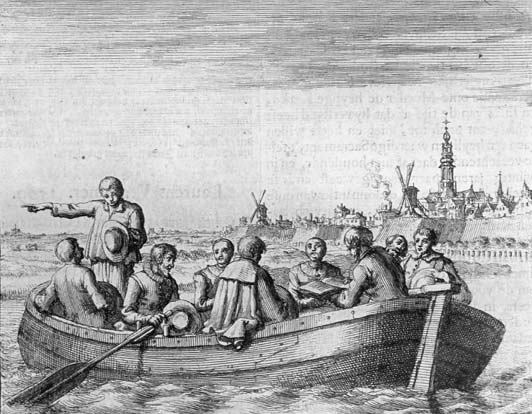 An engraving of men in a rowing boat near a town.