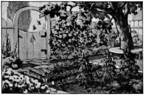 Garden plants around a stone doorway.