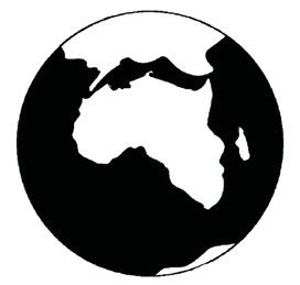 A black-and-white globe centered on Africa
