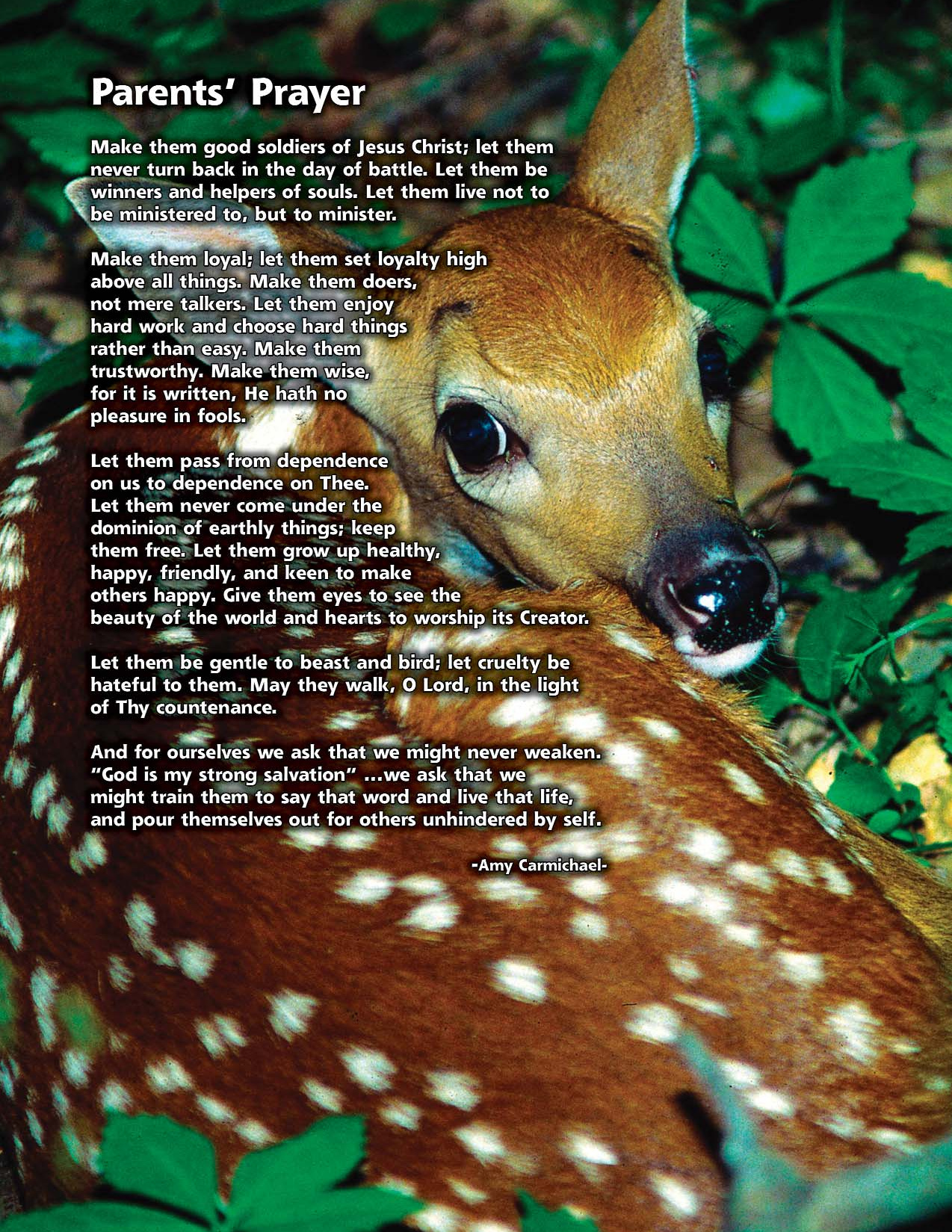 A spotted fawn resting among green leaves, with the printed Parents’ Prayer over the photograph