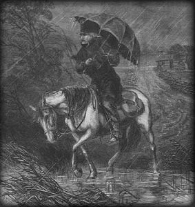 Circuit rider on a horse carrying an umbrella