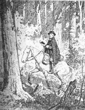A mounted circuit rider travels through a forest