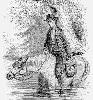 A mounted circuit rider crosses water