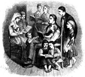 A family gathered together with open books.
