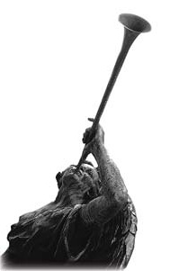 A mirrored image of a man sounding a long horn