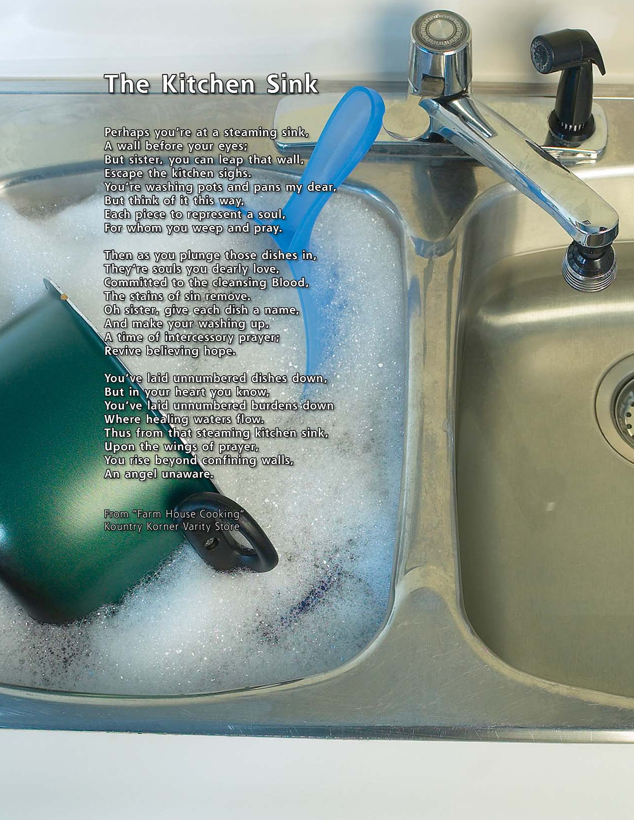 The poem The Kitchen Sink printed over a sink containing dishes and soap suds
