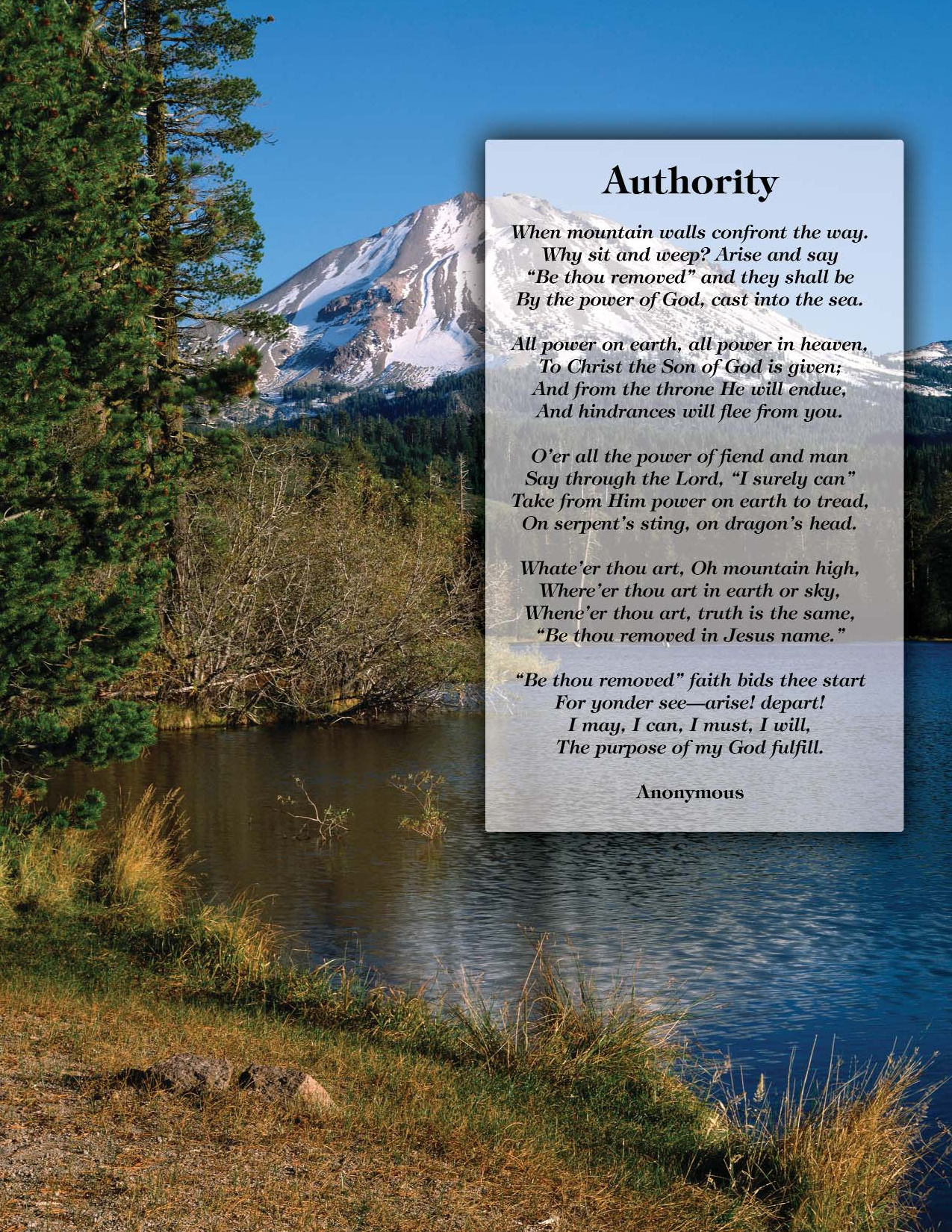 A mountain, trees and a lake behind the printed poem Authority.