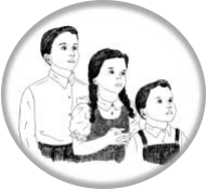 Three children in a circular illustration.