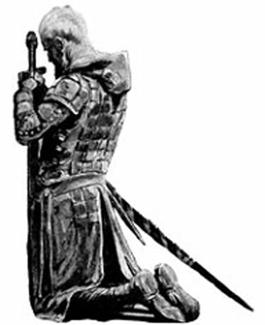 Armored figure kneeling with sword