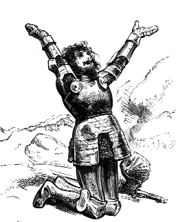 Armored figure kneeling in a rocky landscape