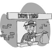 A drive-through worker handing out a bag beneath a DRIVE THRU sign.