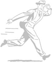 A man running with one hand raised to his hat.