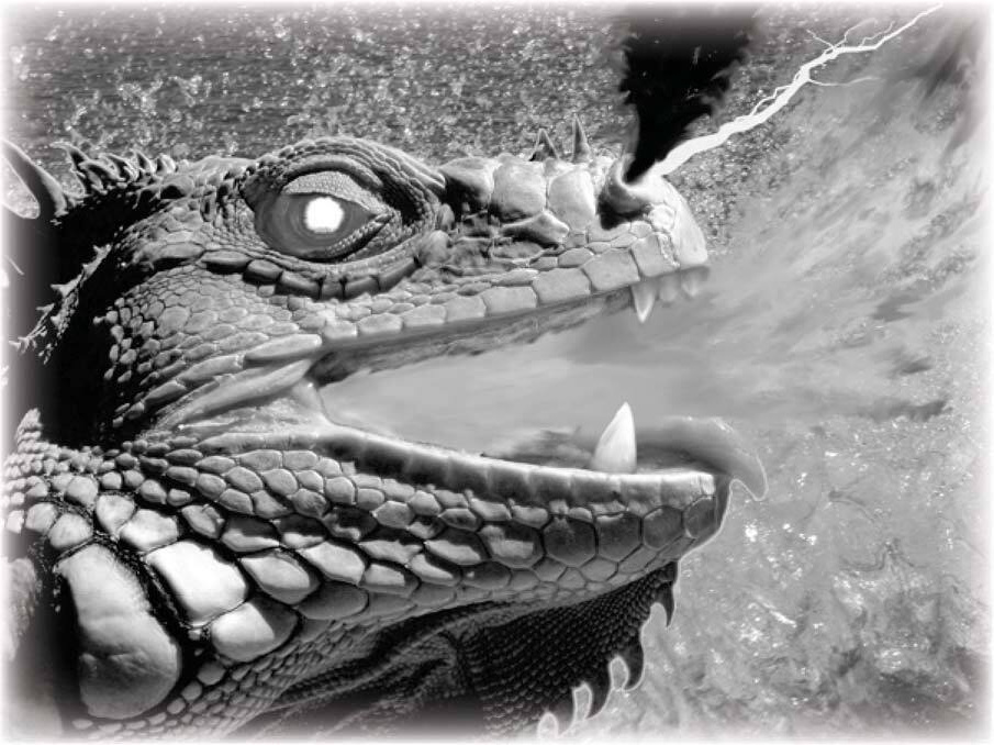 Fabricated leviathan made from an iguana image with added teeth, fire, lightning, smoke, and a doctored eye