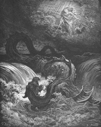 Gustave Doré woodcut depicting the Lord confronting leviathan in the sea