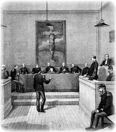 A historic illustration of a courtroom with judges and a person standing before them