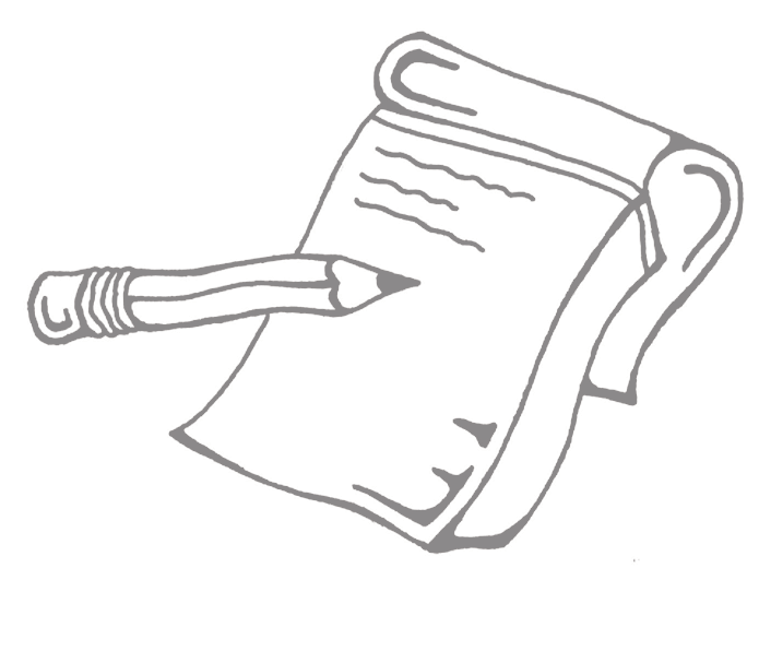 Drawing of a pencil pointing to a sheet of paper