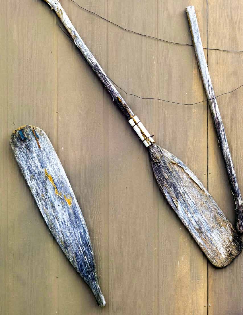 Weathered and broken wooden oars on boards