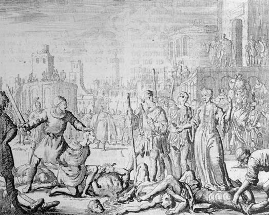 Historical engraving of executions before a gathered crowd