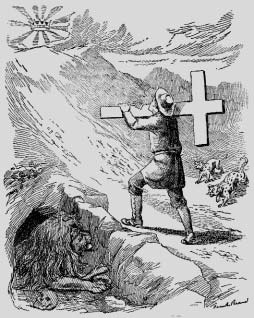 A man carrying a cross up a rocky path beside a lion