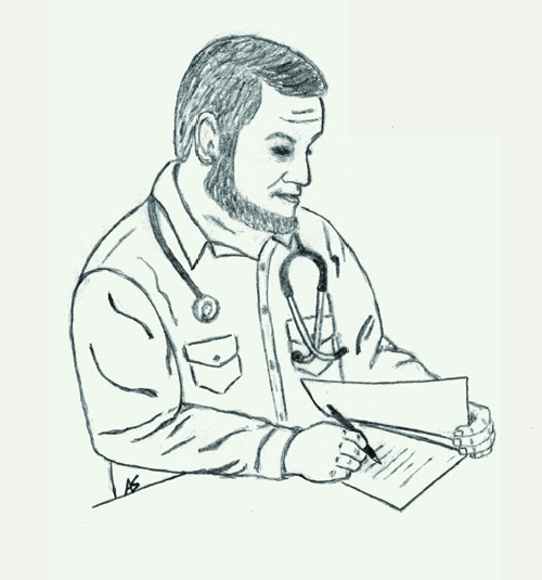 Line drawing of a doctor writing on a clipboard