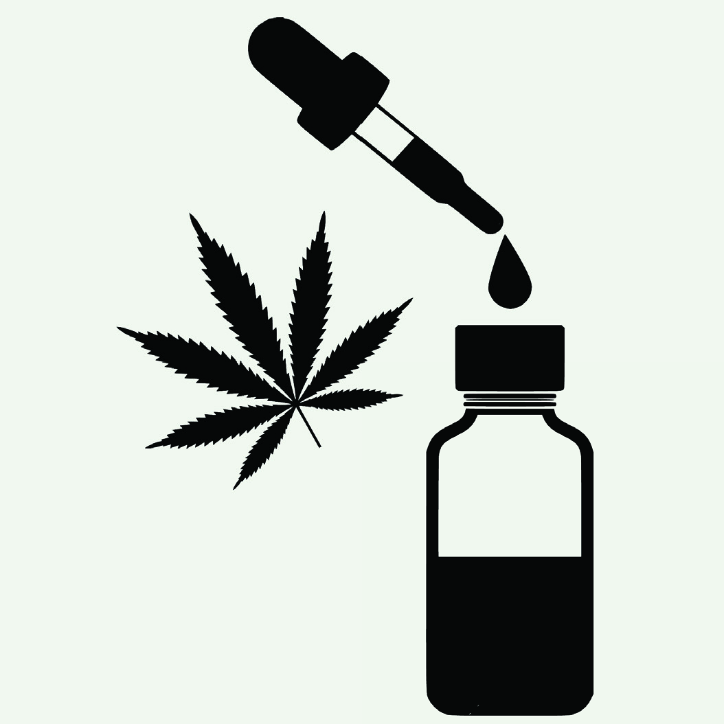 Silhouettes of a cannabis leaf, dropper, drop, and medicine bottle